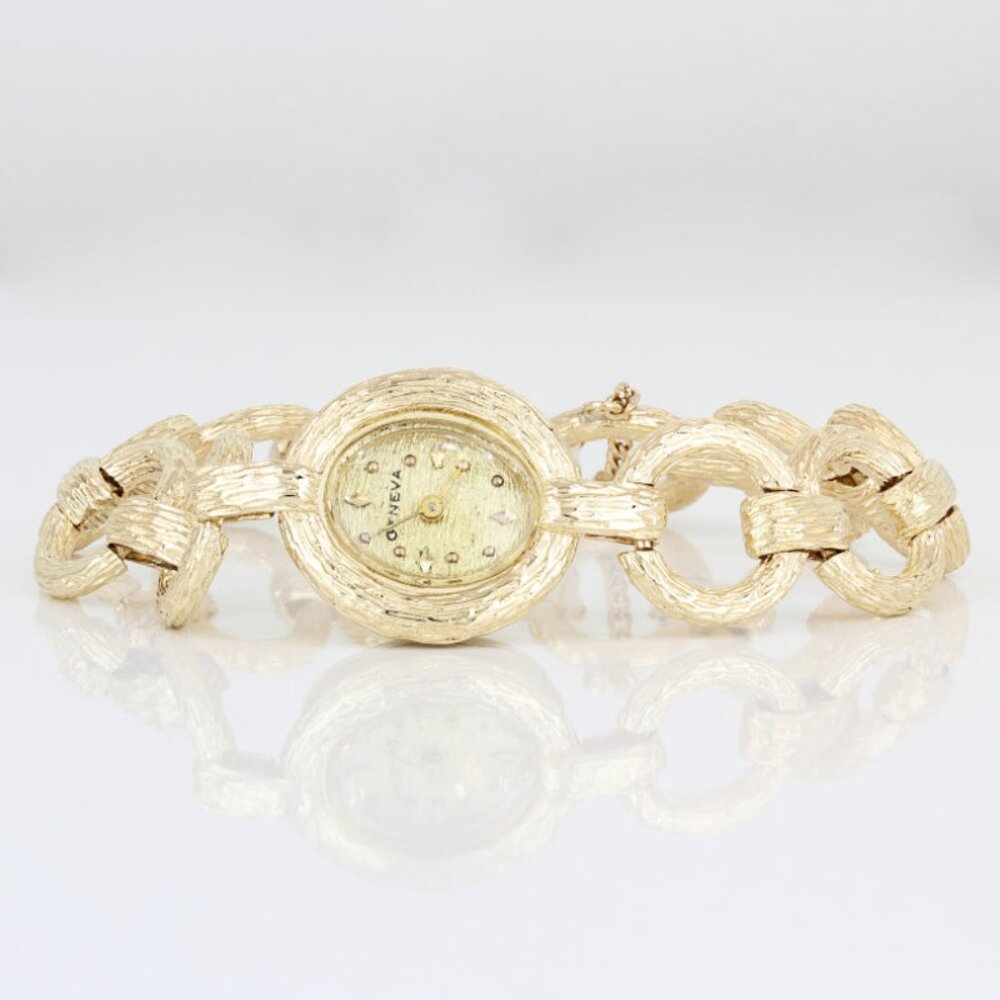 Vintage 14k Gold Link Bracelet Watch Retro Bark Texture Mid-Century-Not Working
